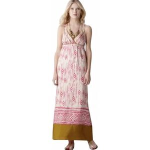 Ann Taylor LOFT 100% Silk tribal maxi cris cross halter Pink, White, & moss Sz 0
